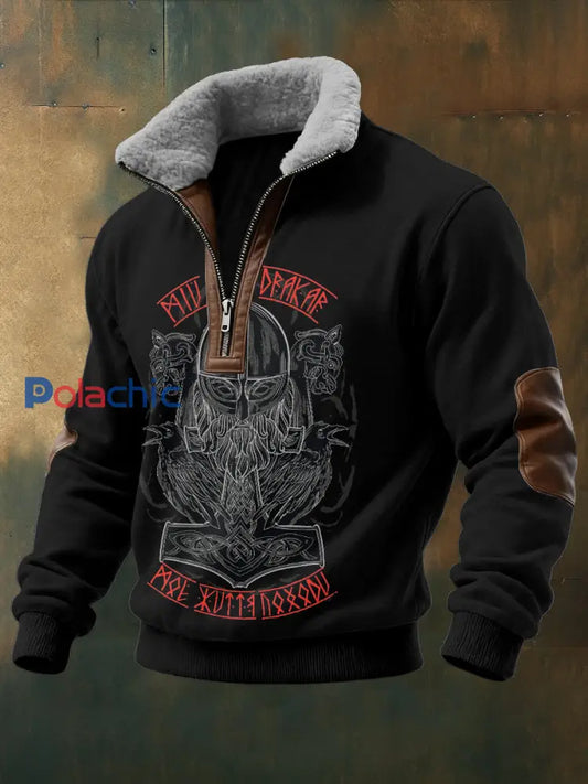 Hommes Viking Warrior Skull Imprimé à manches longues Stand Up Collar Zipper Agneau Laine Top Noir / S