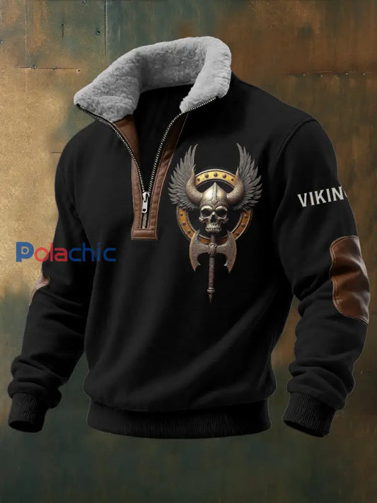 Hommes Viking Warrior Skull Imprimé à manches longues Stand Up Collar Zipper Agneau Laine Top Noir / S