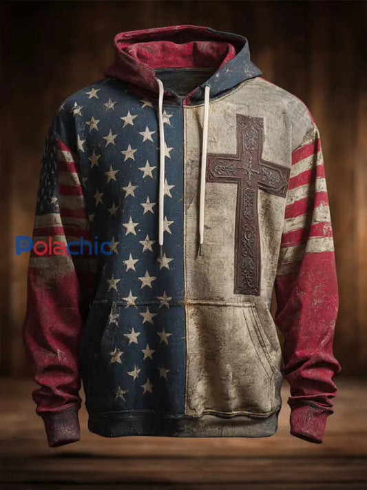 Hommes Vintage Casual American Flag Faith Cross surdimensionné Goutte-épaule poches Hoodie comme image / S