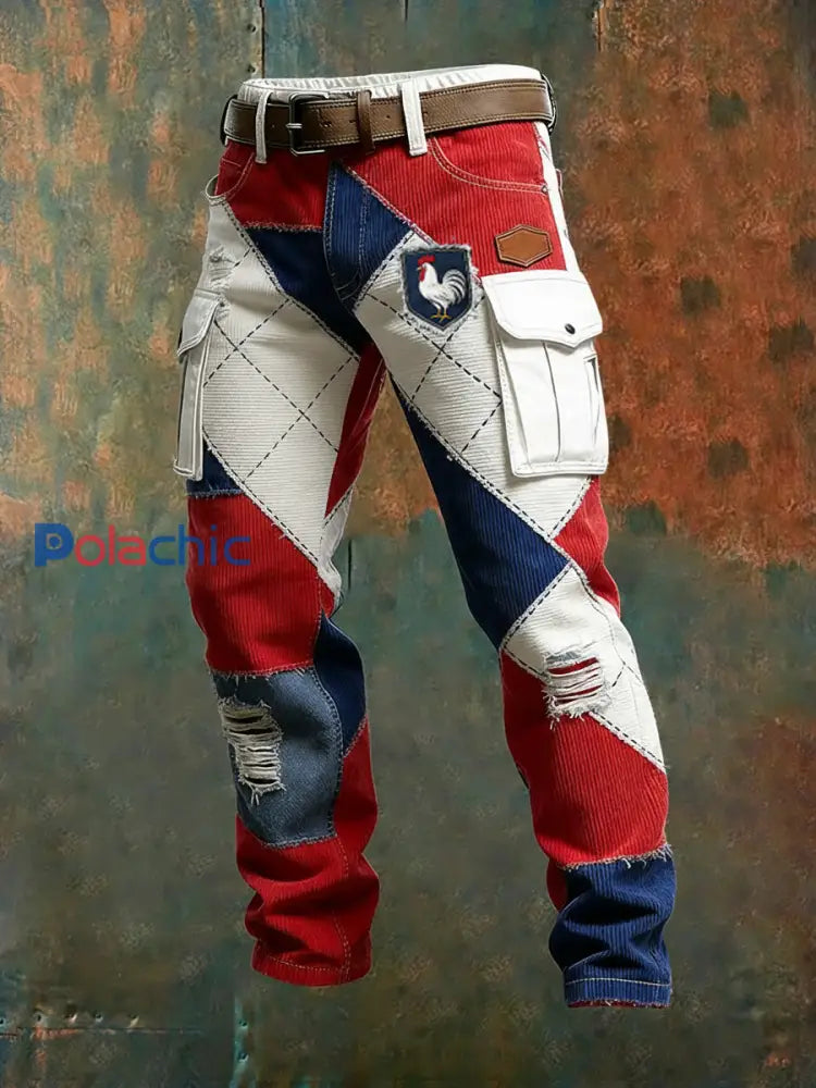 Hommes Vintage Drapeau Français Et Gallic Coq Imprimer Business Casual Pantalon De Travail A / S