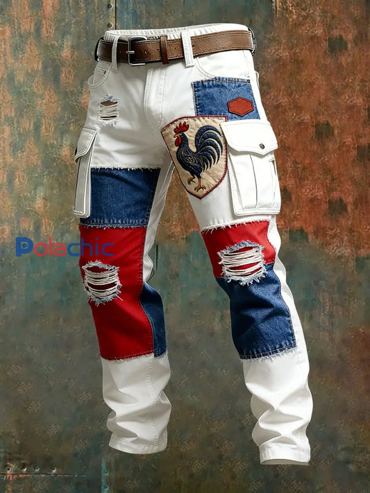 Hommes Vintage Drapeau Français Et Gallic Coq Imprimer Business Casual Pantalon De Travail A / S