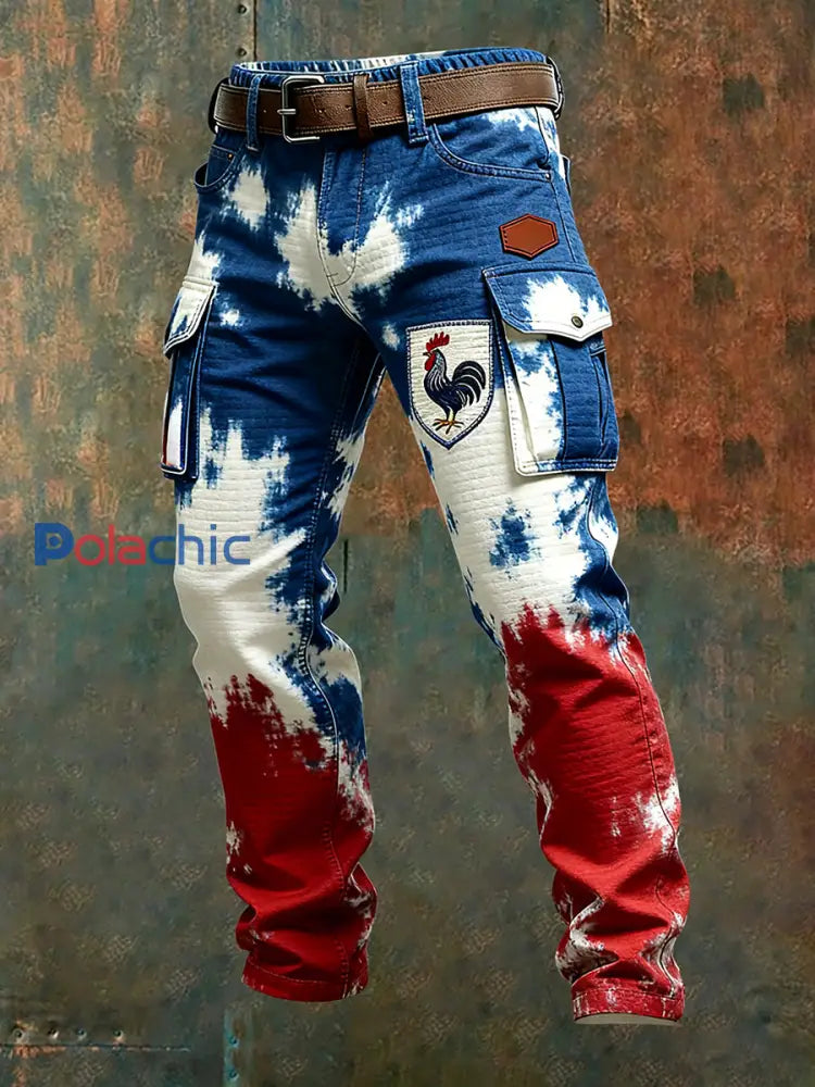 Hommes Vintage Drapeau Français Et Gallic Coq Imprimer Business Casual Pantalon De Travail A / S
