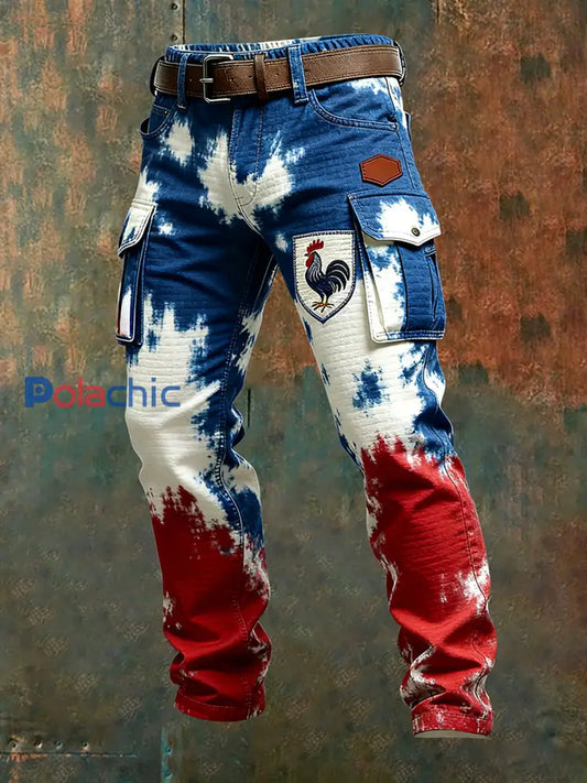 Hommes Vintage Drapeau Français Et Gallic Coq Imprimer Business Casual Pantalon De Travail A / S
