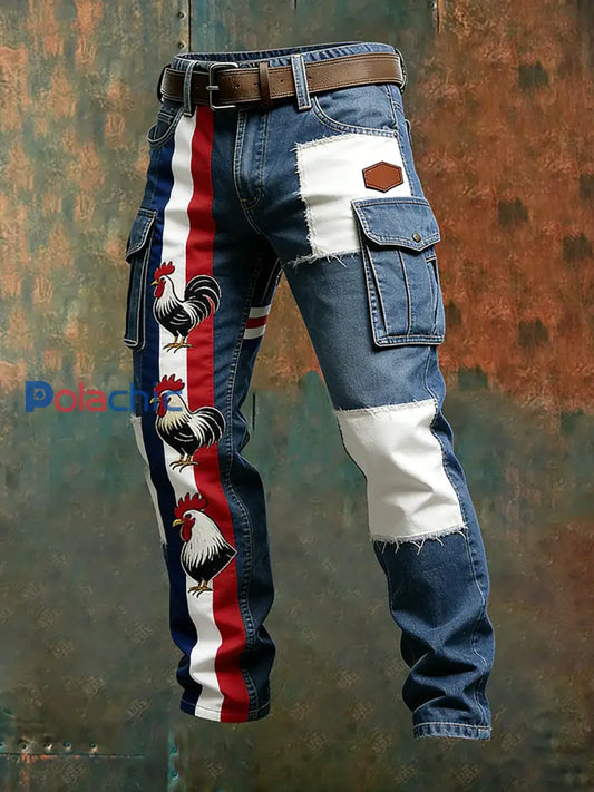 Hommes Vintage Drapeau Français Et Gallic Coq Imprimer Business Casual Pantalon De Travail A / S