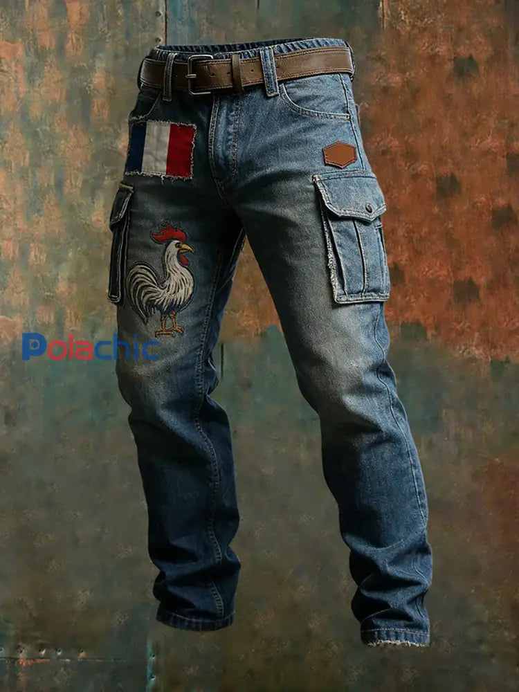 Hommes Vintage Drapeau Français Et Gallic Coq Imprimer Business Casual Pantalon De Travail A / S