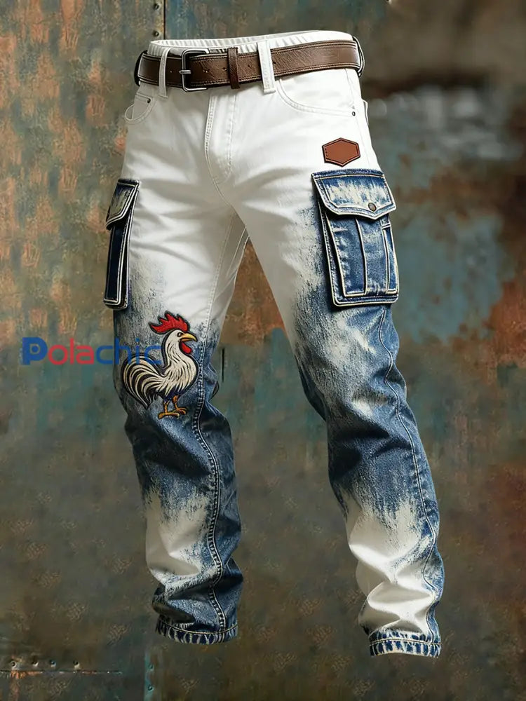 Hommes Vintage Drapeau Français Et Gallic Coq Imprimer Business Casual Pantalon De Travail A / S