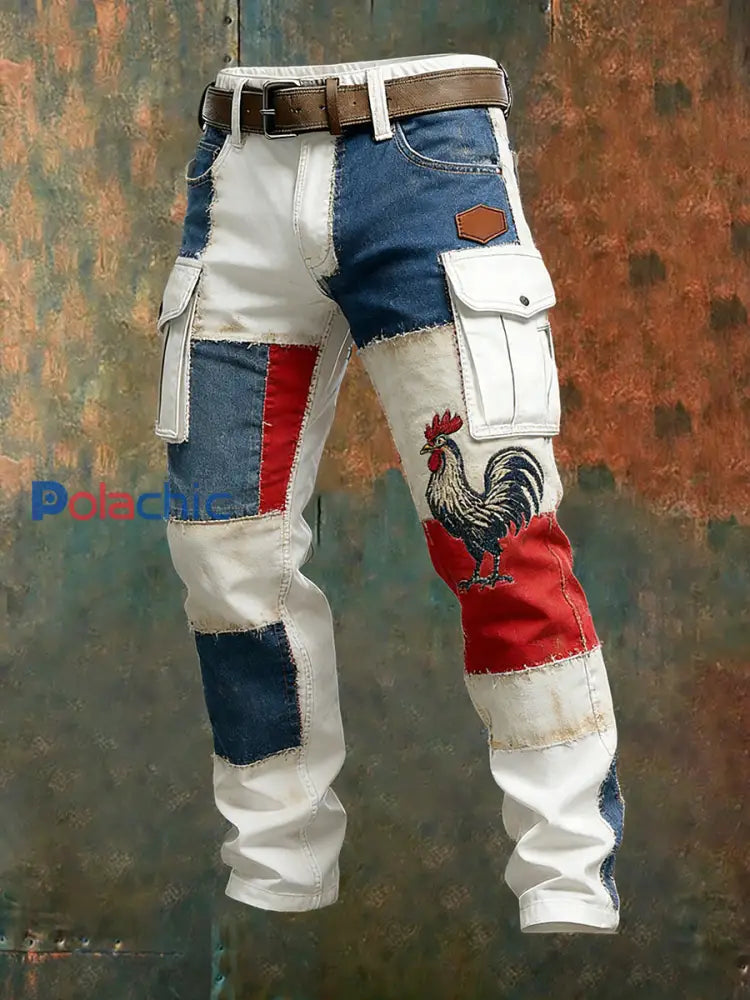 Hommes Vintage Drapeau Français Et Gallic Coq Imprimer Business Casual Pantalon De Travail A / S