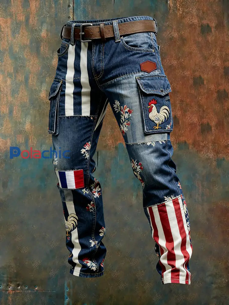 Hommes Vintage Drapeau Français Et Gallic Coq Imprimer Business Casual Pantalon De Travail A / S