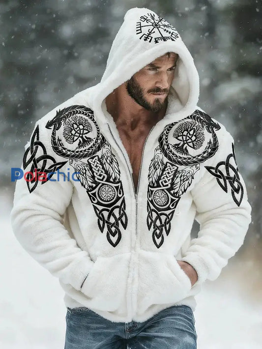 Hommes Vintage Viking Celtic Knot Arbre de Vie Flanelle Zipper Hooded Jacket Blanc / S