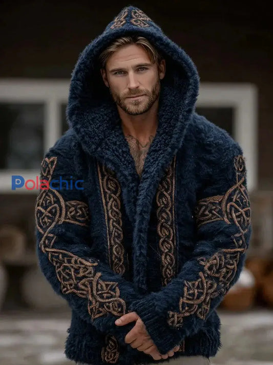 Hommes Vintage Viking Celtic Knot Flanelle Zipper Veste à capuche Bleu Marine / S
