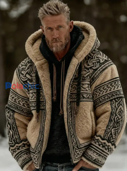 Hommes Vintage Viking Celtic Knot Flanelle Zipper Veste à capuche Kaki / S