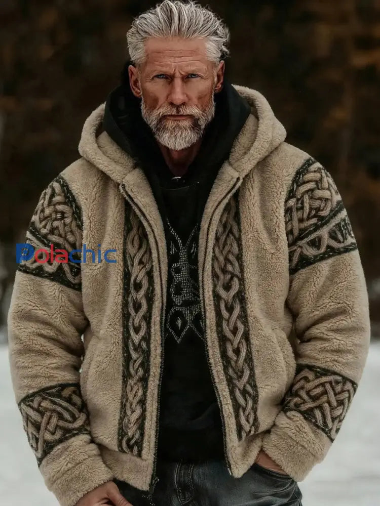 Hommes Vintage Viking Celtic Knot Flanelle Zipper Veste à capuche Kaki / S