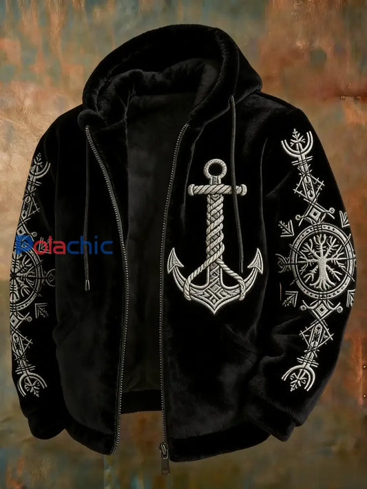 Hommes Vintage Viking Celtic Knot Raven Voilier Flanelle Zipper Veste à capuche Noir / S