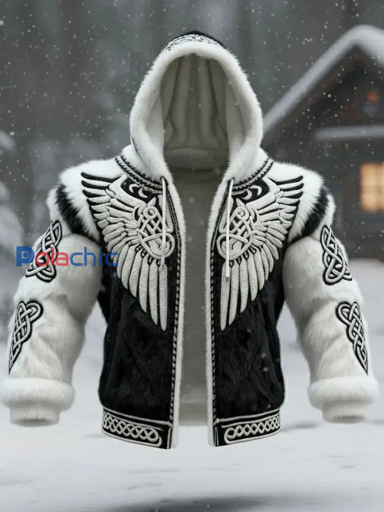 Hommes Vintage Viking Celtic Knot Wings Flanelle Zipper Veste à capuche Noir / S