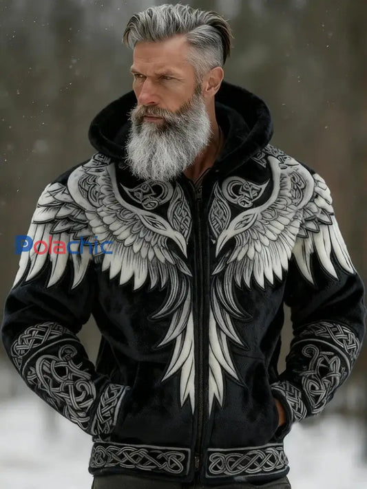 Hommes Vintage Viking Celtic Knot Wings Flanelle Zipper Veste à capuche Noir / S