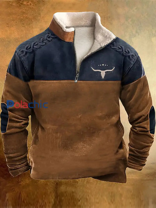 Hommes Vintage Western corde tressée Imprimer fourrure col Zipper Flush extérieur Sweatshirt A / S