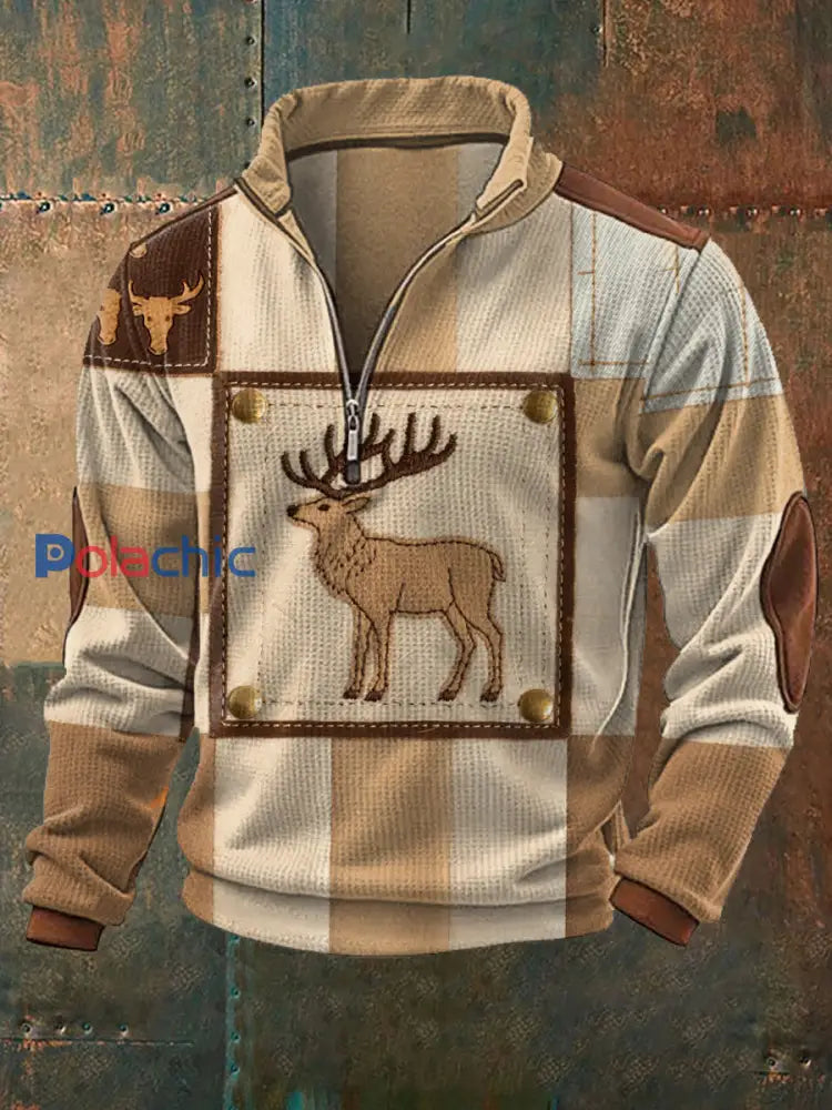 Hommes Vintage Western Moose Patchwork Imprimer Casual Waffle Zip Up Sweatshirt Kaki / S