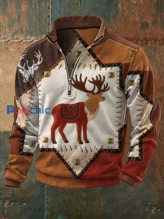 Hommes Vintage Western Moose Patchwork Imprimer Casual Waffle Zip Up Sweatshirt Rouge Brun / S