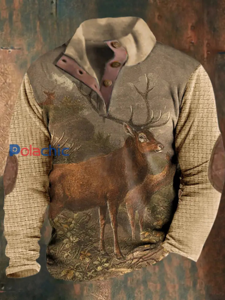Hommes Western Hunter Classic Print Casual Loose Stand Collar Zipper Waffle Sweatshirt A / S