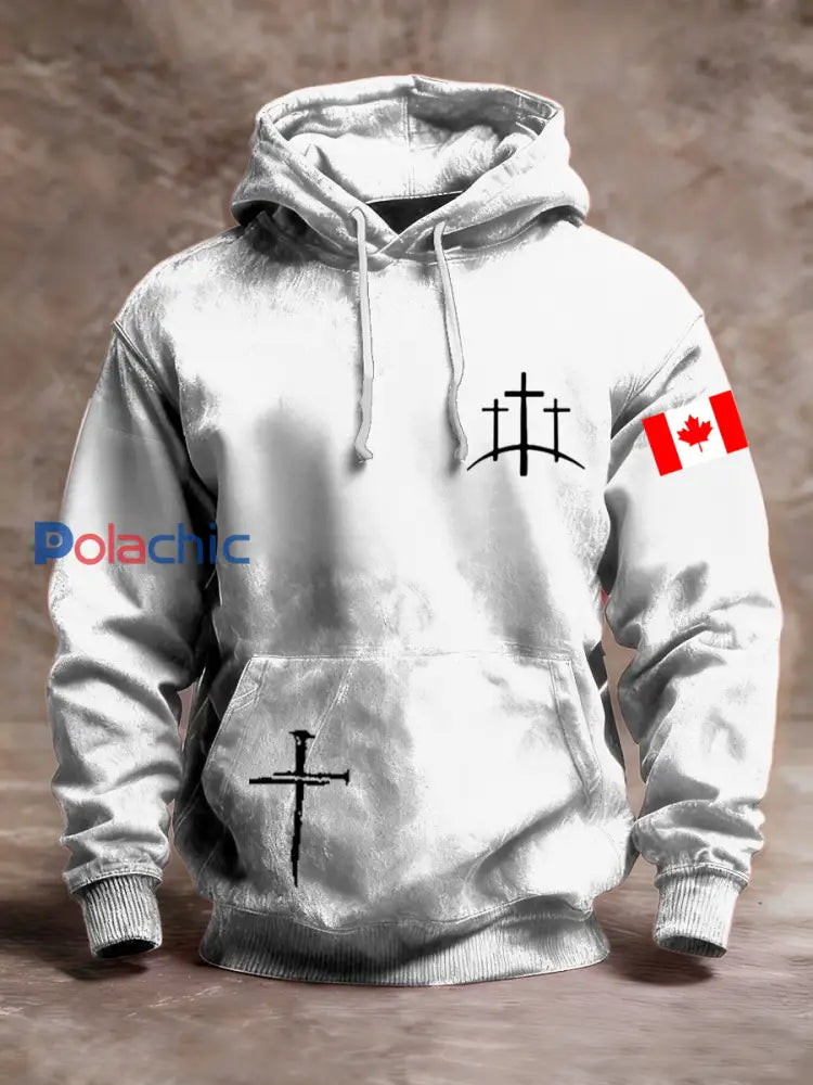 Hoodie de poche confortable imprimé rétro drapeau canadien pour hommes Blanc / S