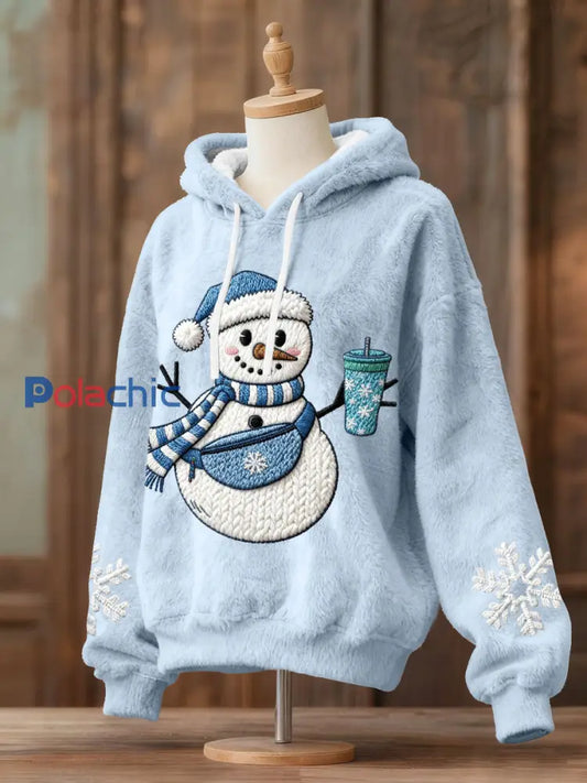 Hoodies de flanelle de bonhomme de neige de Noël des femmes Bleu Clair / S
