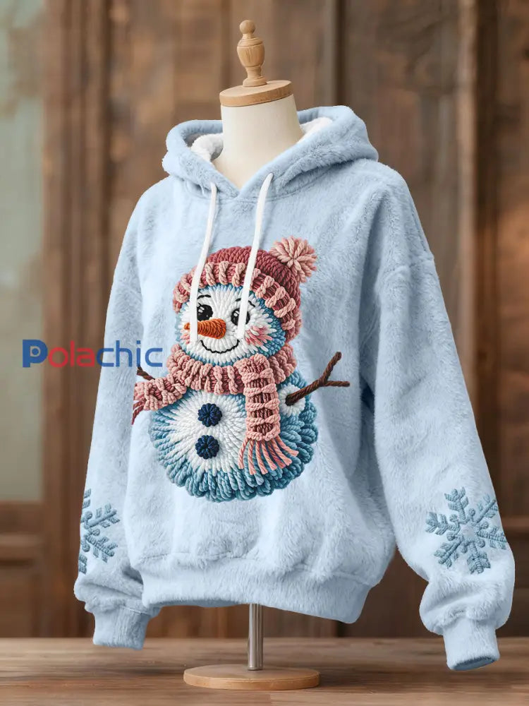 Hoodies de flanelle de bonhomme de neige de Noël des femmes Bleu Clair / S
