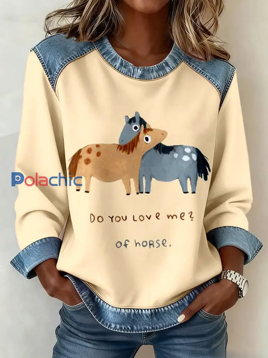 Horse Art Print Denim Patchwork Sweatshirt Femme Abricot / S