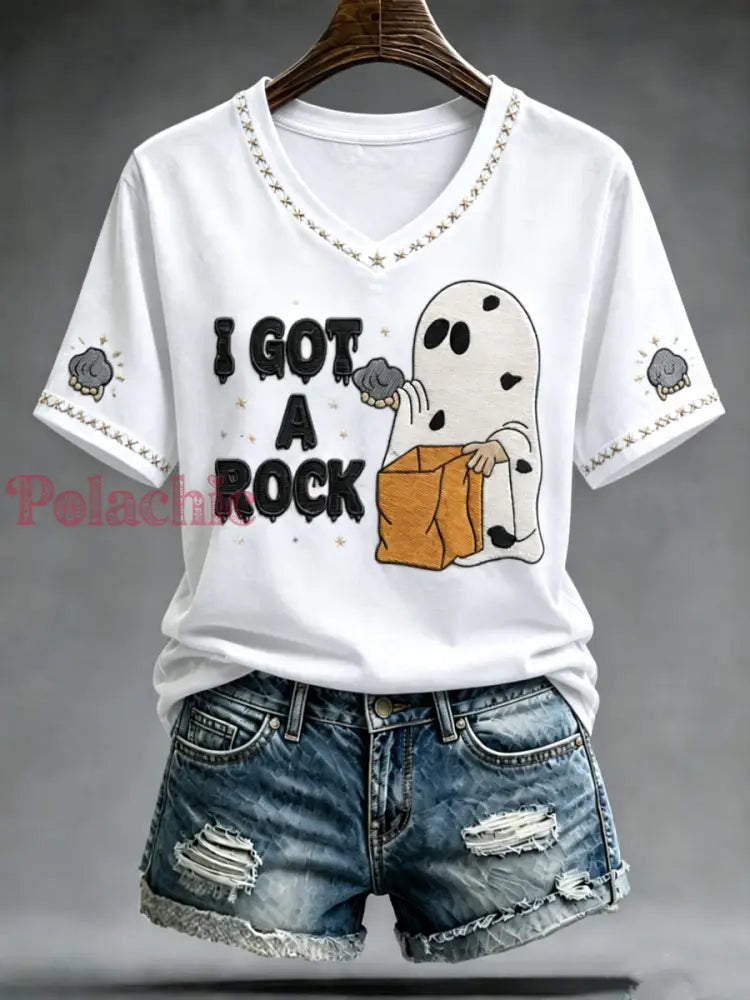 Koszulka damska z krótkim rękawem i nadrukiem „I got a rock” - Biały / S