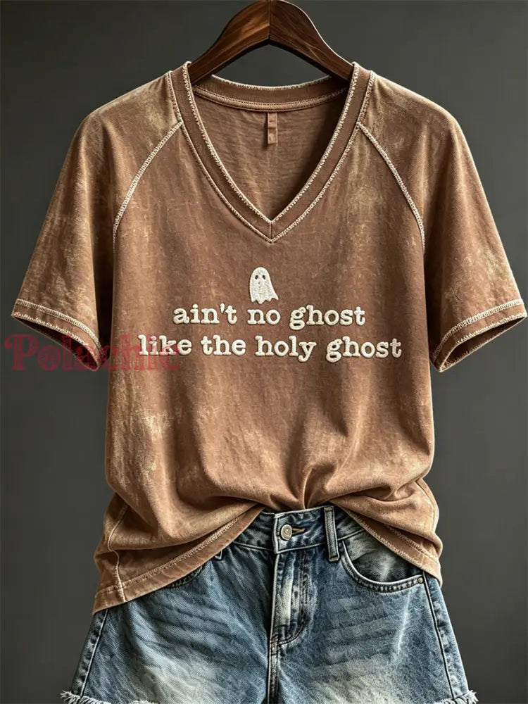 Koszulka damska z krótkim rękawem z nadrukiem „Women’s Ain’t No Ghost Like the Holy Ghost” - Brązowy / S