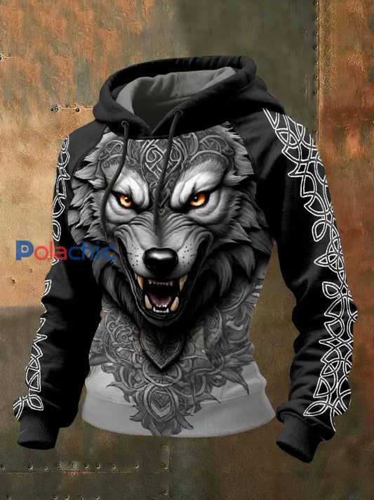 Kvinnor Vintage Viking tryck Casual Sweat à capuche comme image / S