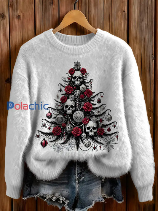La croix d’arbre de Noël gothique des femmes a imprimé autour du chandail confortable de cou Blanc / S