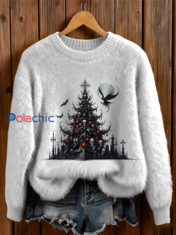 La croix d’arbre de Noël gothique des femmes a imprimé autour du chandail confortable de cou Blanc / S