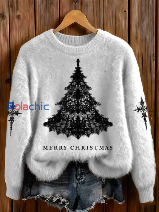 La croix d’arbre de Noël gothique des femmes a imprimé autour du chandail confortable de cou Blanc / S