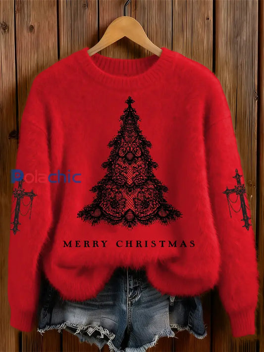 La croix d’arbre de Noël gothique des femmes a imprimé autour du chandail confortable de cou Rouge / S
