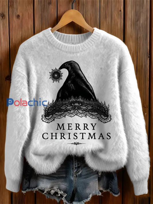 La croix gothique du chapeau de Noël des femmes a imprimé le chandail rond confortable de cou Blanc / S