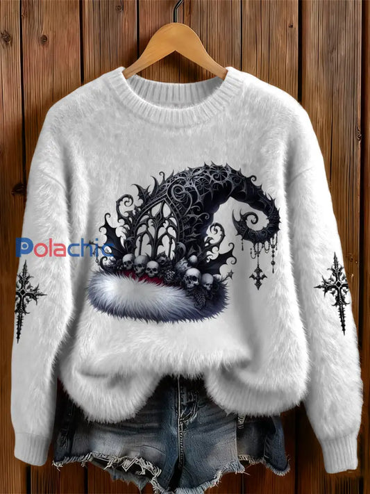 La croix gothique du chapeau de Noël des femmes a imprimé le chandail rond confortable de cou Blanc / S