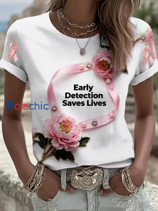 La détection précoce du cancer du sein rétro économise des vies Imprimer T-shirt confortable en coton décontracté à