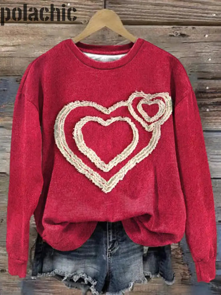 La Saint-Valentin Rose Rouge Coeur Imprimé Col Rond Pull Loose À Manches Longues Sweat-Shirt A / S