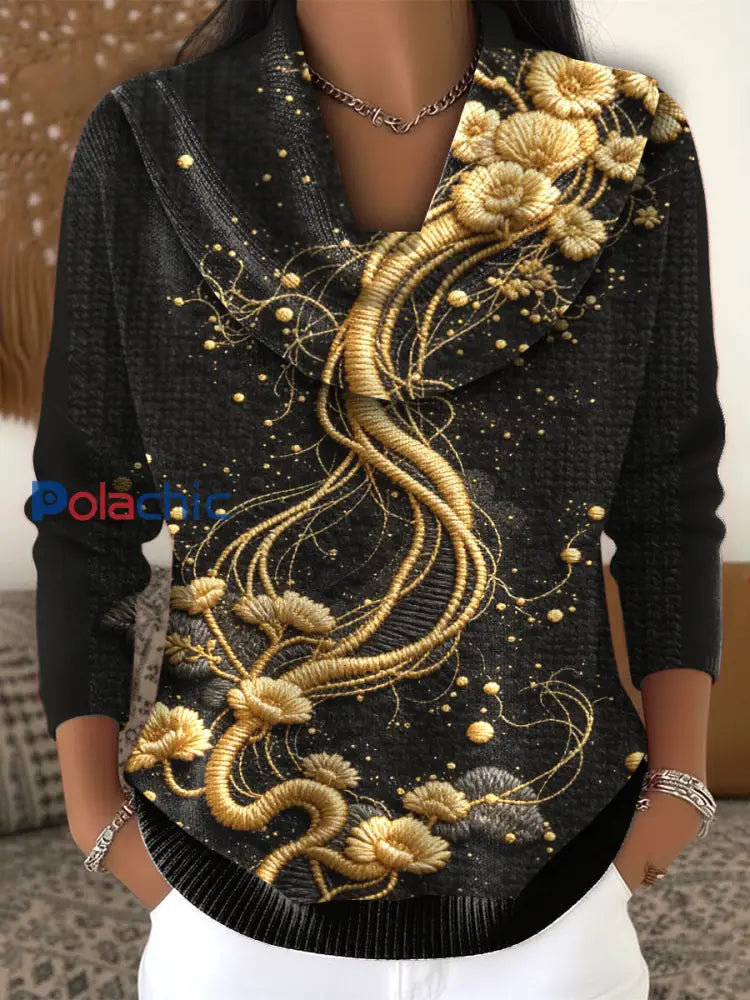 Ladies Floral Noir Roll-Cou Pull Noir / S
