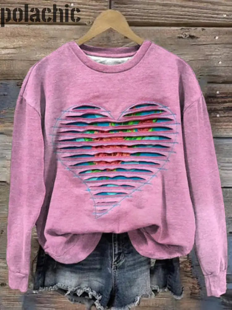 L’amour De La Saint-Valentin Coeur Lacération Imprimé Col Rond Pull Lâche À Manches Longues