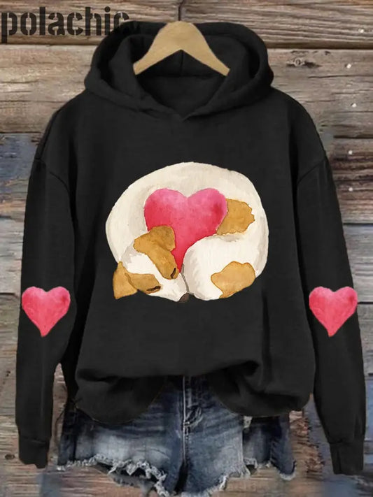 L’amour Motif Chien Imprimé Col Rond Pull Lâche À Capuche Manches Longues A / S