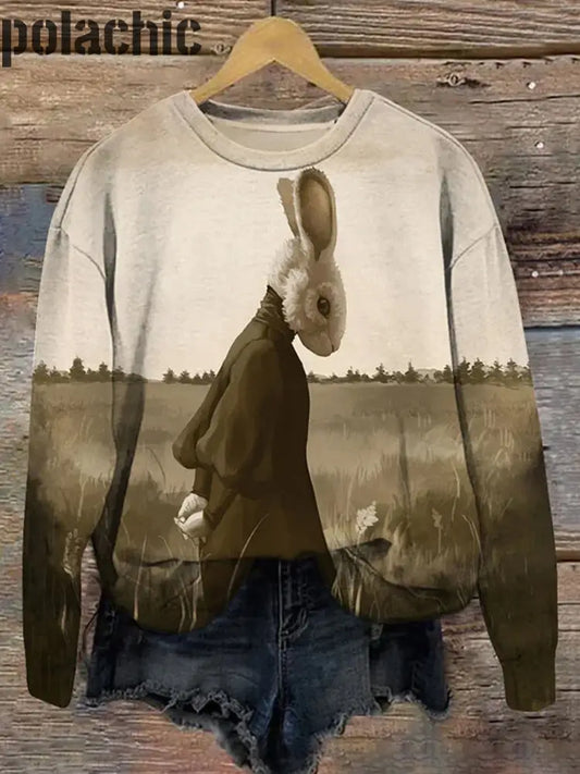 Lapin De Pâques Imprimé Col Rond Pull Loose À Manches Longues Sweatshirt A / S