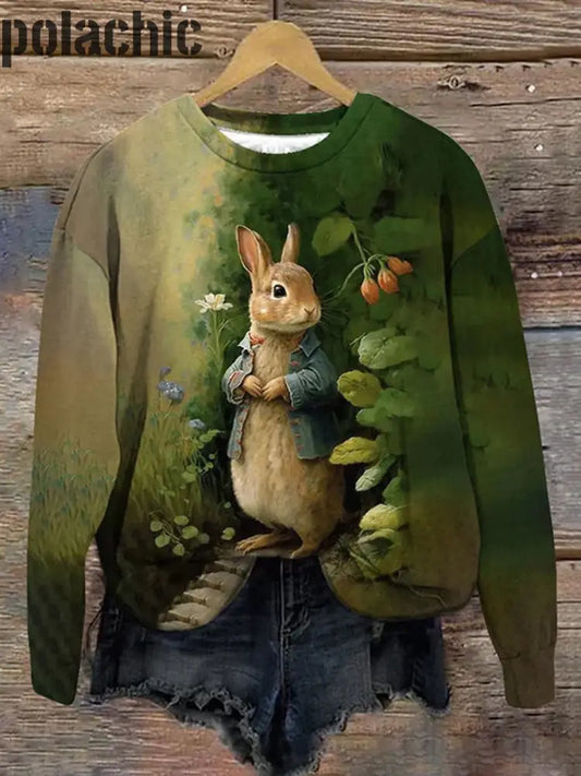 Lapin De Pâques Peinture À L’huile Amour Imprimé Col Rond Pull-Over Lâche Manches Longues