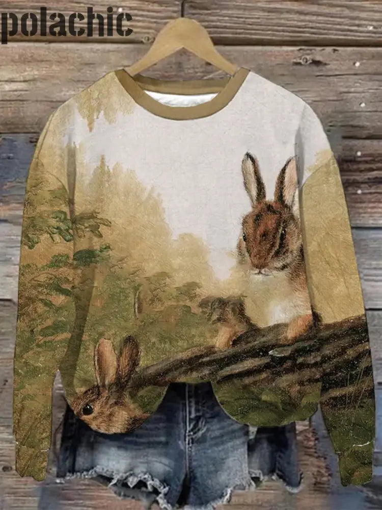 Lapin De Pâques Peinture Col Rond Pull Loose Manches Longues Sweatshirt A / S