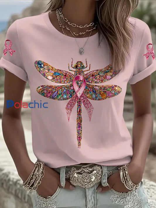 Le cancer du sein des femmes libellule imprimé mode Vintage lâche T shirt à manches courtes Rose / S