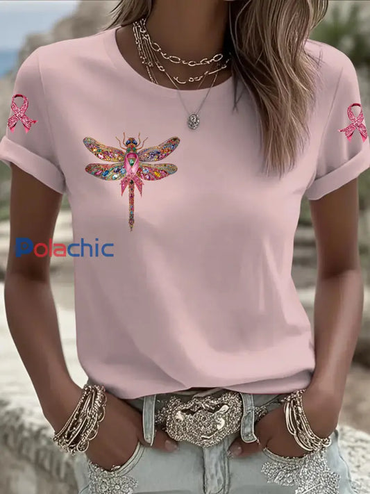Le cancer du sein des femmes libellule imprimé mode Vintage lâche T shirt à manches courtes Rose / S