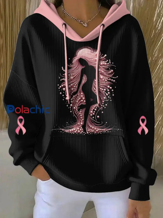 Le cancer du sein imprimé col rond à manches longues Hoodie des femmes Noir / S