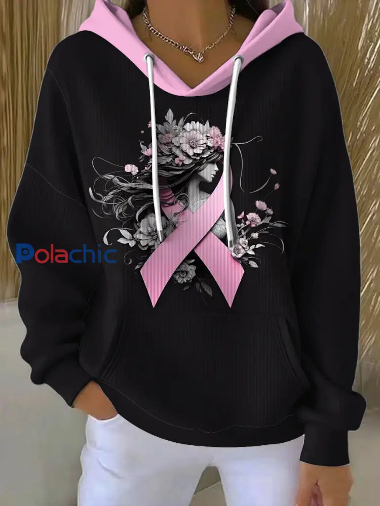 Le cancer du sein imprimé col rond à manches longues Hoodie des femmes Noir / S