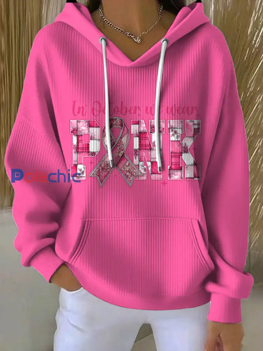 Le cancer du sein imprimé col rond à manches longues Hoodie des femmes Rose / S