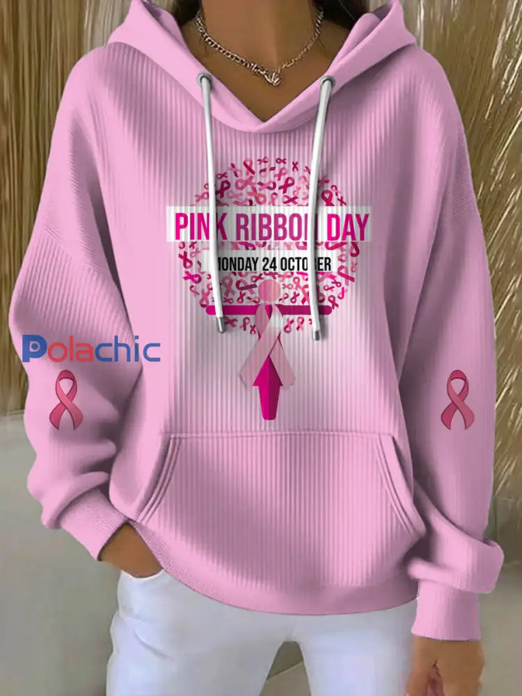 Le cancer du sein imprimé col rond à manches longues Hoodie des femmes Rose / S